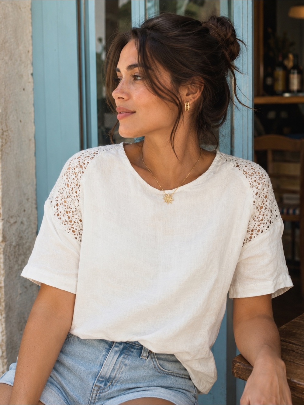 White Linen Blend Lace Crochet Top EU 38 US M Quiet Luxury CottagecoreY2K inspo
